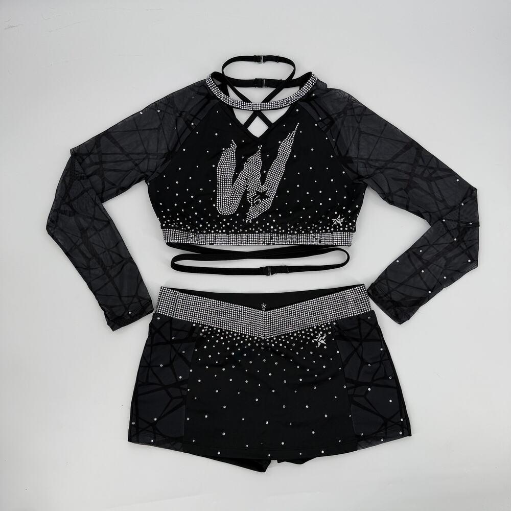 Rebel Athletic Adult L Black Silver Rhinestone Cheer Uniform Set Crop Top Skort